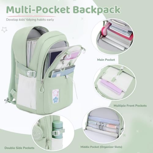 DIGOBAY Backpack for Girls, 5PCS School Bookbag with Lunch Box Pencil Case - color: Green