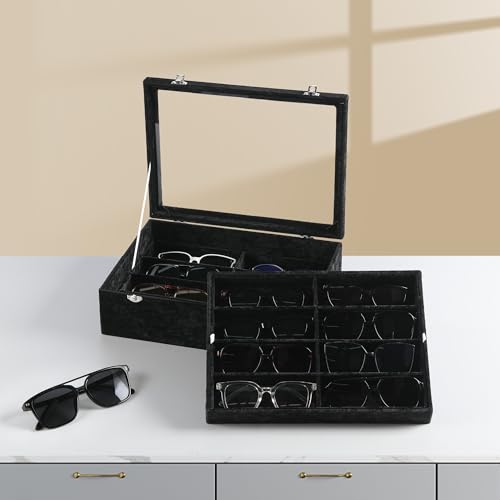 Frebeauty 16-Slot Sunglass Organizer Box,2 Layer Velvet Sunglasses Holder - color: Black