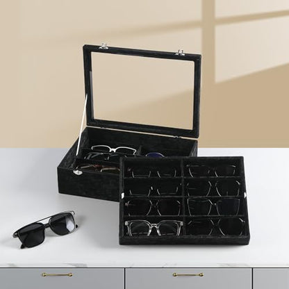 Frebeauty 16-Slot Sunglass Organizer Box,2 Layer Velvet Sunglasses Holder - color: Black