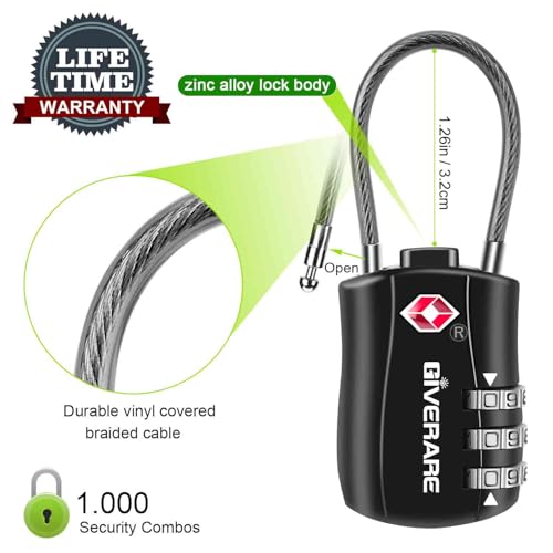 GIVERARE 4 Pack TSA Approved Luggage Locks, Combination Travel Cable Lock, Re-settable 3-Digit Padlocks with Alloy Body, Keyless TSA Padlock for Gym Locker, Golf Bag Case-Black - color: 4 pack Black