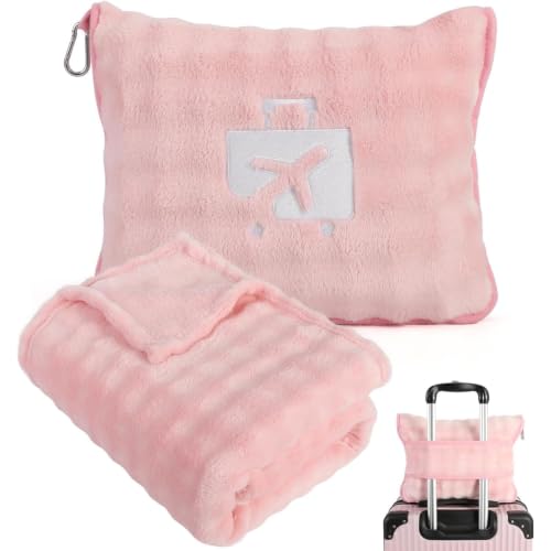 Pink Travel Blanket for Airplane, Portable Soft Flannel with Pouch & Clip - color: Pink