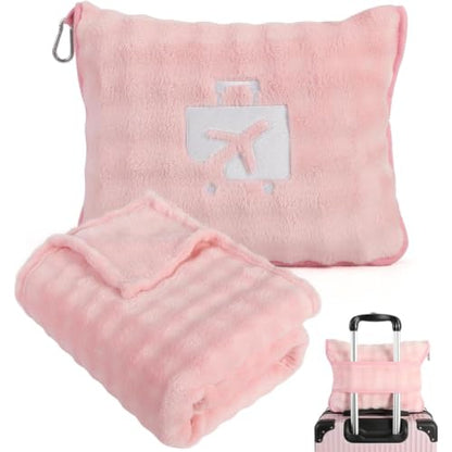 Pink Travel Blanket for Airplane, Portable Soft Flannel with Pouch & Clip - color: Pink
