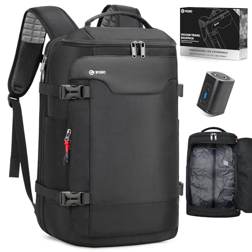 POSO Vacuum Backpack Travel, 60L Expandable Vacuum Seal Backpack with Pump & Laptop Compartment (Fits 17") - color: Carbon Black, size: Vacuum Enabled