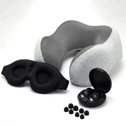 Memory Foam Travel Neck Pillow for Airplane, Adjustable Neck Pillow for Traveling with Removable Washable Cover, Ergonomic Head & Chin Support, Includes Sleep Mask, Earplugs & Travel Bag