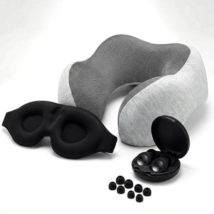 Memory Foam Travel Neck Pillow for Airplane, Adjustable Neck Pillow for Traveling with Removable Washable Cover, Ergonomic Head & Chin Support, Includes Sleep Mask, Earplugs & Travel Bag