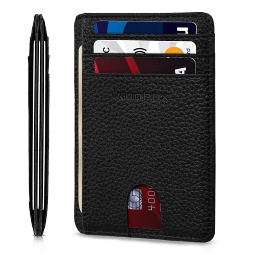 RUNBOX Slim Wallet for Men and Women, RFID Blocking Leather Card Holder - color: Lychee Black