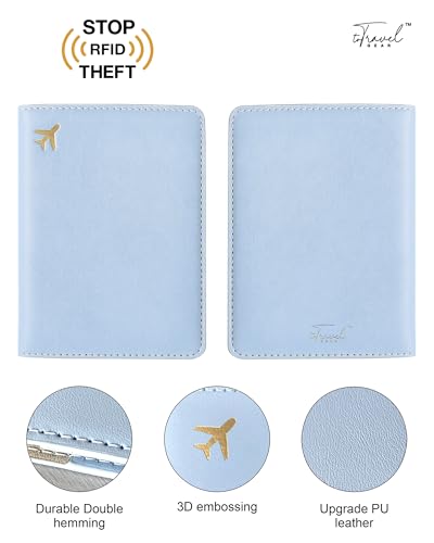Passport Holder for Travel Essentials RFID Blocking PU Leather - color: Light Blue
