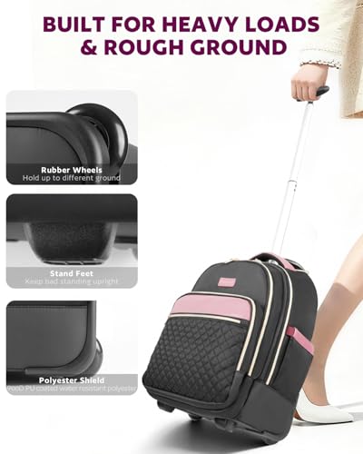 Arcoyard Rolling Backpack for Women, 15.6 Inch Travel Backpack with Wheels - color: Black Purple, size: 15.6-inch