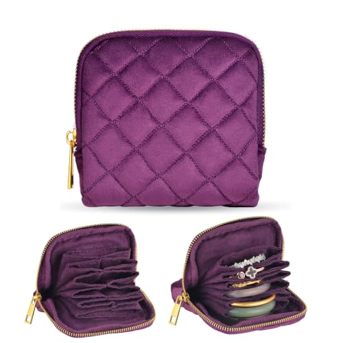 Jewelry Organizer Case, Small Travel Velvet Pouch, Portable - color: Plum Purple Quilted