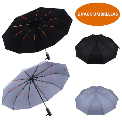 Bluinzi 2 Pack 46 Inch Umbrellas, Double 10-rib, for Rain, Compact Travel - color: (2 pack)black+grey
