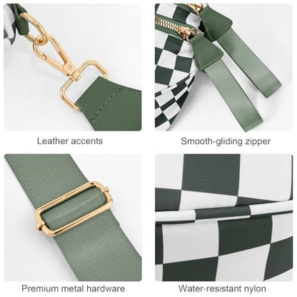 Checkered Crossbody Bags for Women, Large Nylon Bum Bags - color: Beans Green Checkered
