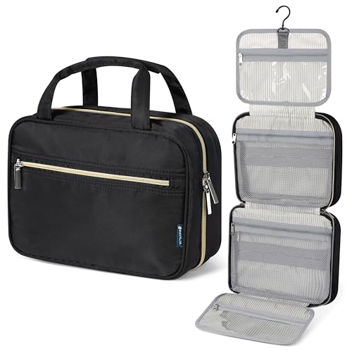PAVILIA Hanging Toiletry Bag for Women Men Portable Makeup Organizer, Black - color: Black Gold