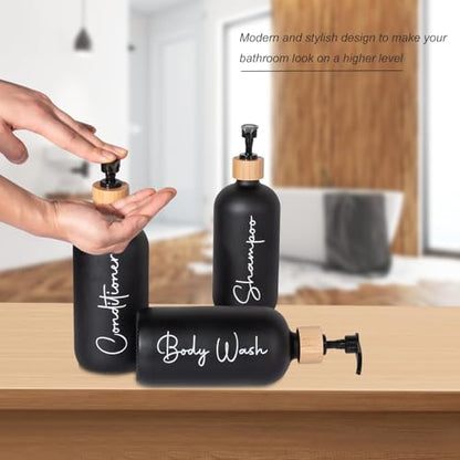 Glass Shampoo and Conditioner Pump Bottles Soap Dispenser Bamboo Pump Head Empty Glass Refillable Shampoo Conditioner Body Wash Soap Bottles for Bathroom, 17 oz, 3 Pack, Black - color: Black, size: Shampoo + Conditioner