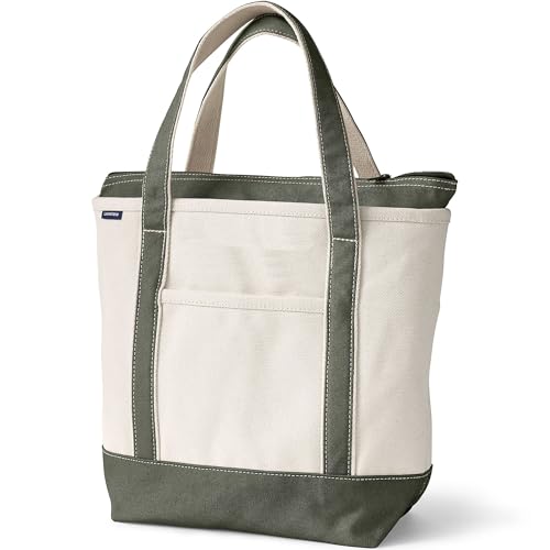Lands' End Zip Canvas Tote - color: Natural/Dark Olive Green, size: Large Long Handle