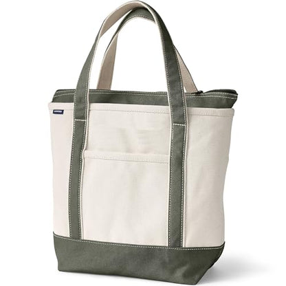 Lands' End Zip Canvas Tote - color: Natural/Dark Olive Green, size: Large Long Handle