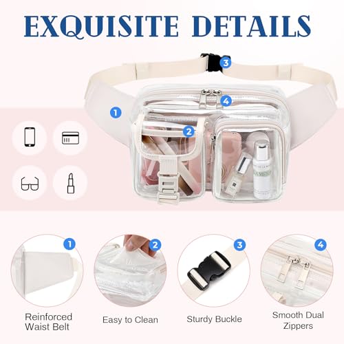 Fanny Pack Clear Stadium Bag Women Waist Pack Transparent Belt Bag, Beige - color: Beige