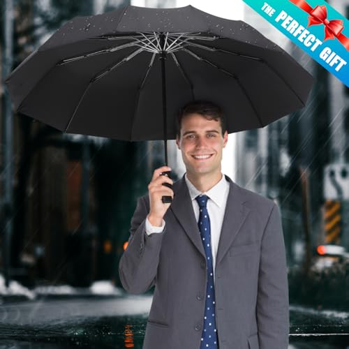 GAOYAING 46 Inch Large Automatic Rain Umbrella - Windproof Travel Lightweight Travel-Ready, Heavy Duty 12-Rib 210T Fabric, Portable with Protective Sleeve - color: Black (Pack of 2)