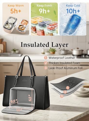 MATEIN 15.6 Inch Laptop Tote Bag with Insulated Lunch Compartment for Women - color: Black, size: 15.6 Inch