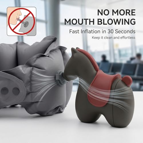 Foldable Inflatable Travel Pillow with Cute Pony Storage Case, Portable Neck Pillow for Airplane, Train & Napping, Hygienic & Skin-Friendly Fabric (Grey) - color: Grey