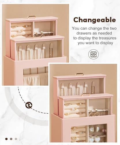 Homde Display Jewelry Box for Girls: Starter Organizer with Clear Window - color: Peach Pink + Gold
