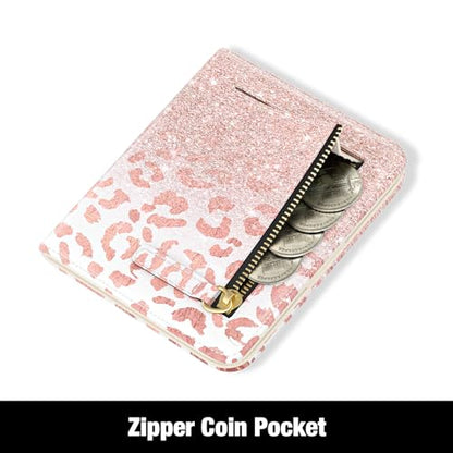Rouidr Womens Wallet, RFID Small Slim Wallet for Women, Cute Bifold Leather Pocket Credit Card Holder Ladies Mini Purse with Zipper Coin Pocket & ID Window, Pink Leopard - color: Pink Leopard