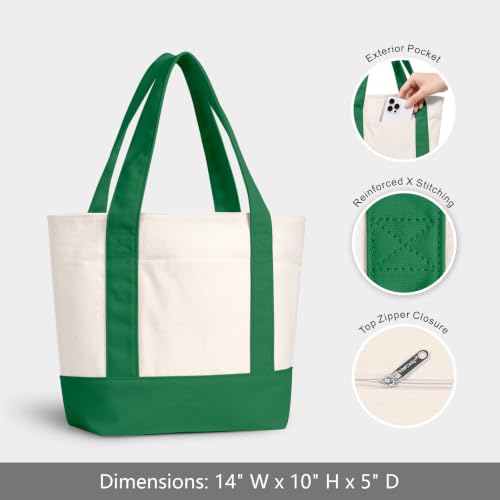 TOPDesign 1-Pack Small Canvas Tote Bag with an External Pocket, Reusable Bag, Top Zipper Closure, Daily Essentials (Green/Natural) - color: Green/Natural, size: Small