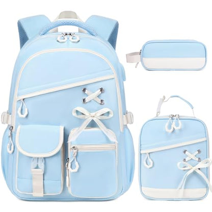 DIGOBAY Backpacks for Girls 3PCS School Backpack Lunch Box Pencil Pouch - color: Bluebeige