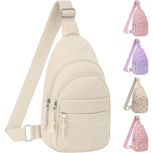 ELONGRIVER Corduroy Small Crossbody Bags for Women Teen Girls Trendy | Cute Sling Bag, Functional Cross Body Purses for Travel Hiking, Beige Purse - color: Beige