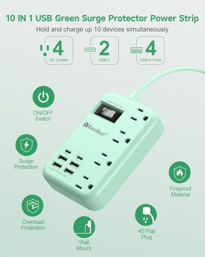 6 USB(2 USB C) Green Travel Power Strip 4 Outlets 5Ft Green Extension Cord - size: 5 FT(Green-24W USB-980J)