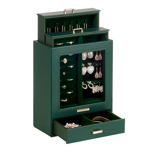 Homde Display Jewelry Box for Girls: Starter Organizer with Clear Window - color: Forest Green + Gold