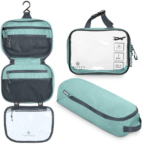 TRIPPED Travel Gear 3-Piece Travel Toiletry Bag Set | Includes Hanging Toiletry Bag, 311 TSA Liquid Bag, and Accessory Organizer Pouch with Lightweight Ripstop Construction - color: Turquoise