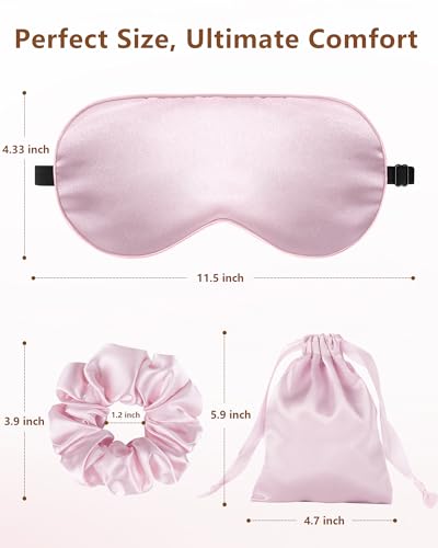 Silk Sleep Mask for Women - 100% Blackout, Super Soft Eye Mask for Side Sleepers, Sleeping Mask with Adjustable Strap, Pink Scrunchies for Women, with Travel Pouch