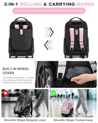 NEW TILAMI Rolling Backpack 19 inch with Lunch Bag Teens Cute Wheeled Computer Laptop Backpack Bookbag Roller Travel Bag College, Flower Pink - color: Flower Pink