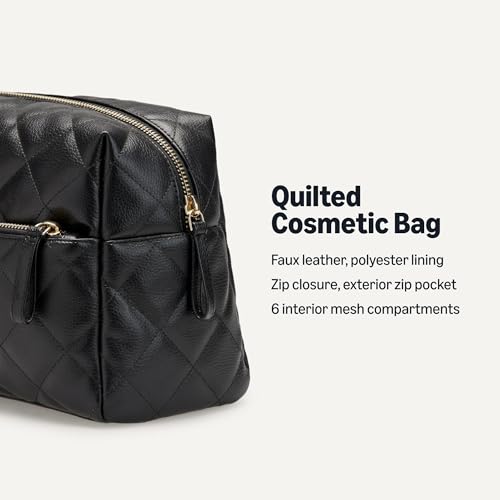 Amazon Essentials Women's Quilted Travel Makeup Bag with Mesh Compartments, Black Faux Leather, One Size - color: Black Faux Leather