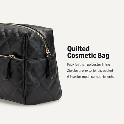 Amazon Essentials Women's Quilted Travel Makeup Bag with Mesh Compartments, Black Faux Leather, One Size - color: Black Faux Leather