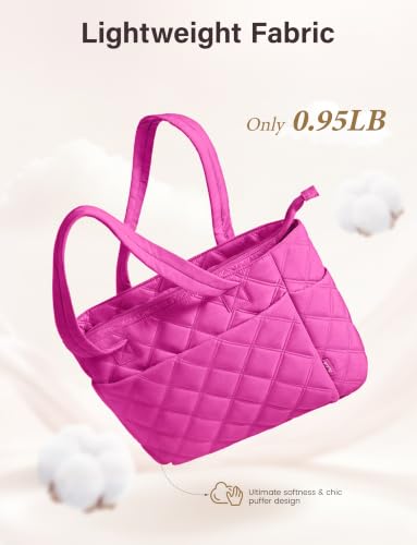 Uselike Tote Bag for Women, Lightweight Puffer Tote Work Bags with Compartments for Travel, Quilted Shoulder Bag with Zipper - color: Raspberry Pink