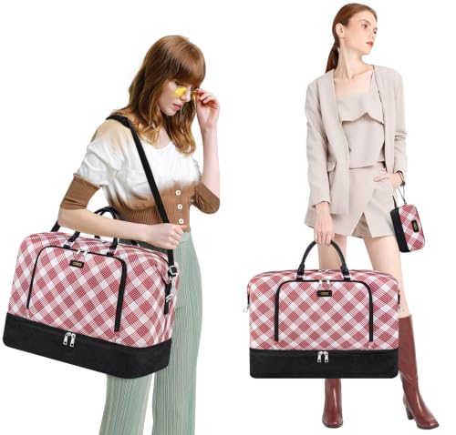 TIBES Travel Weekender Bag for Women, Overnight Bag with Shoe Compartment - color: W-Red Plaid