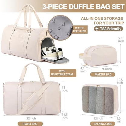 3‑PCS Leather Duffle Bag for Travel, Weekender Overnight Gym Bag Men Women - color: White