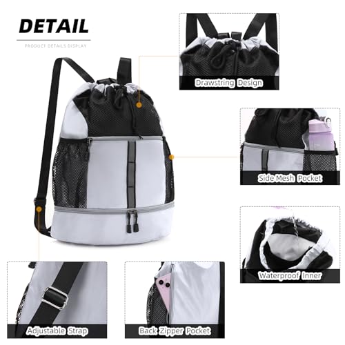 Valleycomfy Drawstring Gym Bag Sports Backpack With Shoe Compartment White - color: White