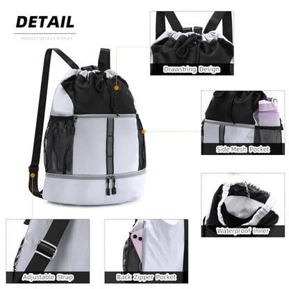 Valleycomfy Drawstring Gym Bag Sports Backpack With Shoe Compartment White - color: White