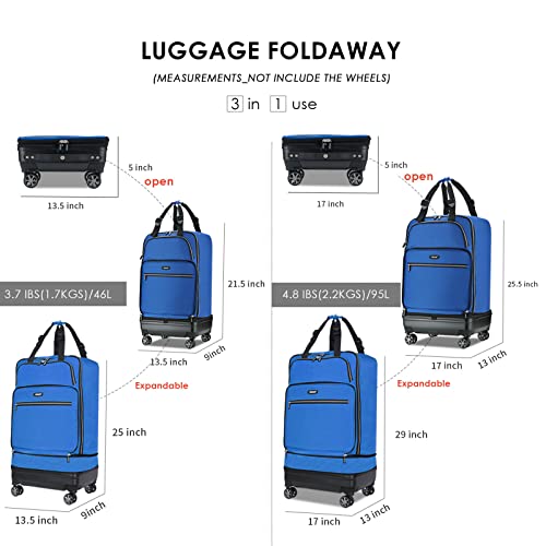 Verage Expandable Foldable Luggage Bag Collapsible Suitcases Rolling Travel Duffel Bag Lightweight Larger Suit Case with Detachable Spinner Wheels(Blue,24 Inch Expands into 28 Inch)