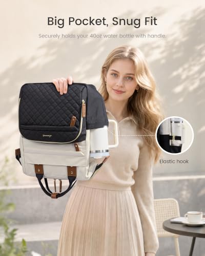 LOVEVOOK Laptop Backpack Women Quilted Teacher Nurse Work Backpack Purse - color: Cream Black, size: 15.6 inch-Cup