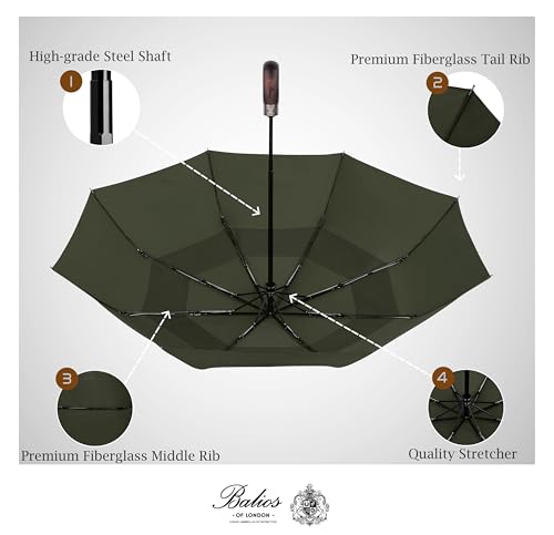 Balios Folding Umbrella Real Wood Handle Auto Open Close - color: Olive Green