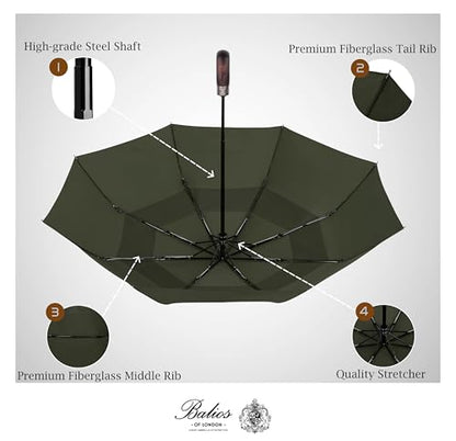 Balios Folding Umbrella Real Wood Handle Auto Open Close - color: Olive Green