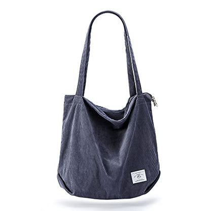 KALIDI Women Corduroy Tote Bag Zipper Casual Tote's Handbag Big Capacity Shoulder Bag with Pockets - color: Grey
