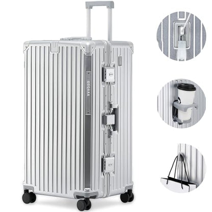 26 Inch Aluminium Frame Luggage, Large Checked Suitcase with Zipperless PC Hard Shell, Spinner Wheels, TSA Approved Lock and Lightweight Aluminum Luggage for Travel (Silver, 26 Inch) - color: Silver, size: 26 Inch
