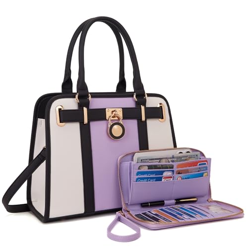 Qiyuer Structured Satchel Tote Handbags Set Women Purses with RFID Wallet - color: A635-2pcs/Set Whitelavender