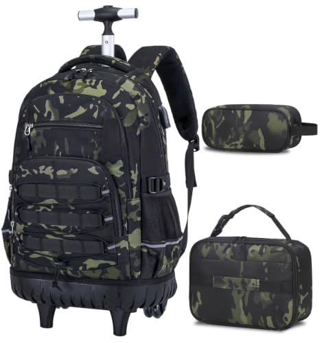 ACESAK 3PCS Camo Rolling Backpack for Boys with Lunch Box Pencil Case - color: Camo Black