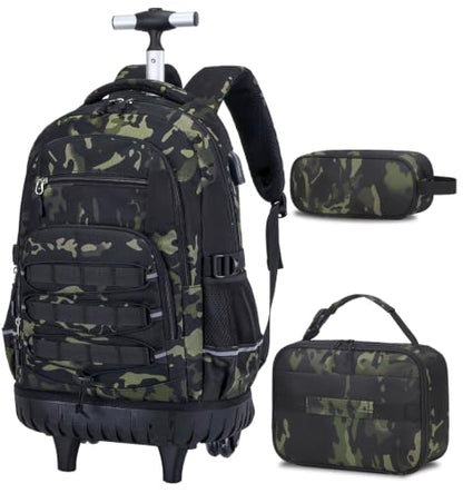ACESAK 3PCS Camo Rolling Backpack for Boys with Lunch Box Pencil Case - color: Camo Black