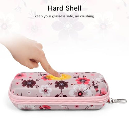 Double Eyeglasses Case for Dual Sunglasses, Hard Shell with Zipper - color: Pink Flower